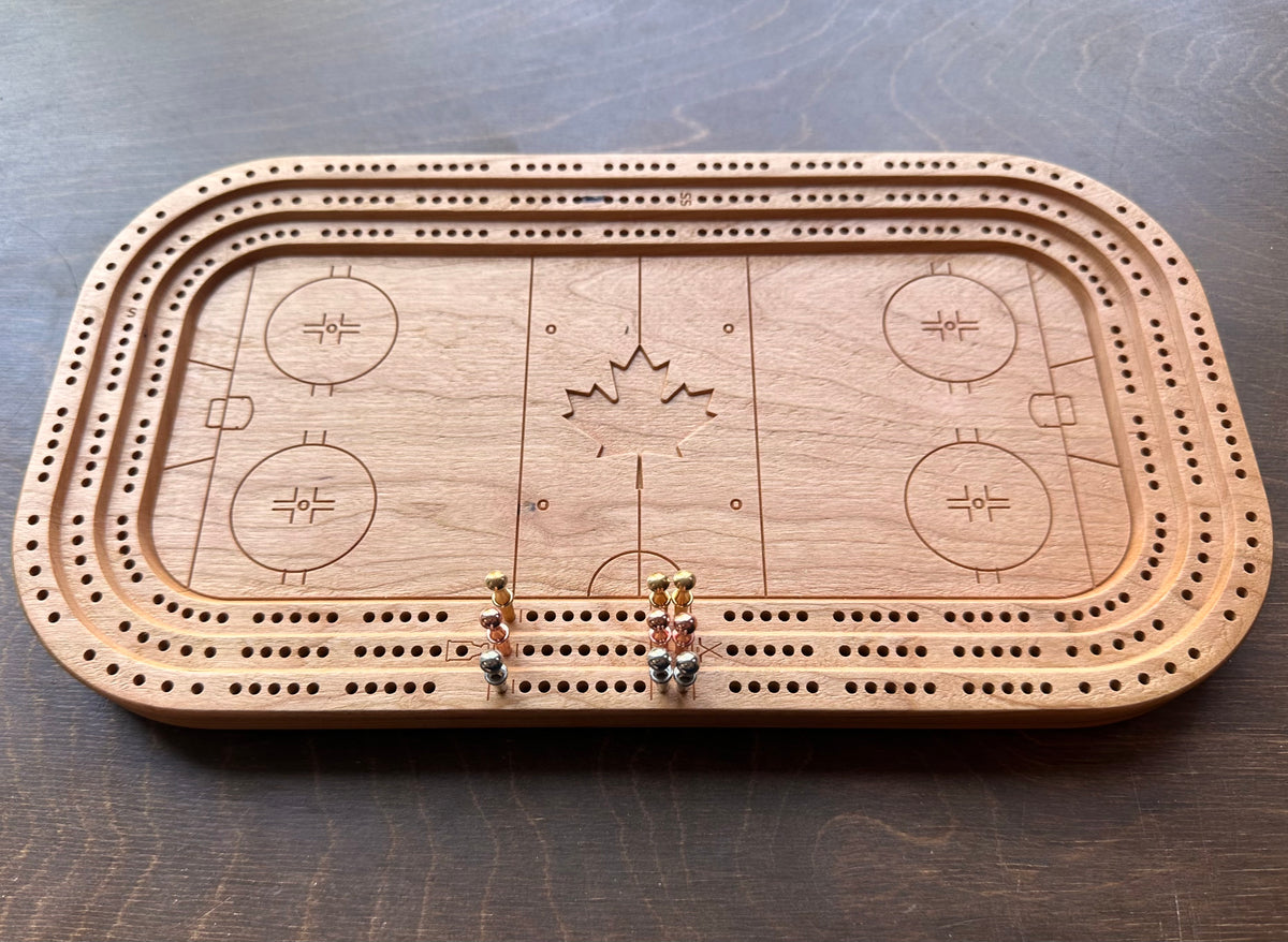 Hockey Rink Arena Cribbage Board | Metal Pegs | Peg Storage | Personalized | Custom Logo | Solid Hardwood | Maple Leaf | Sticks & Puck