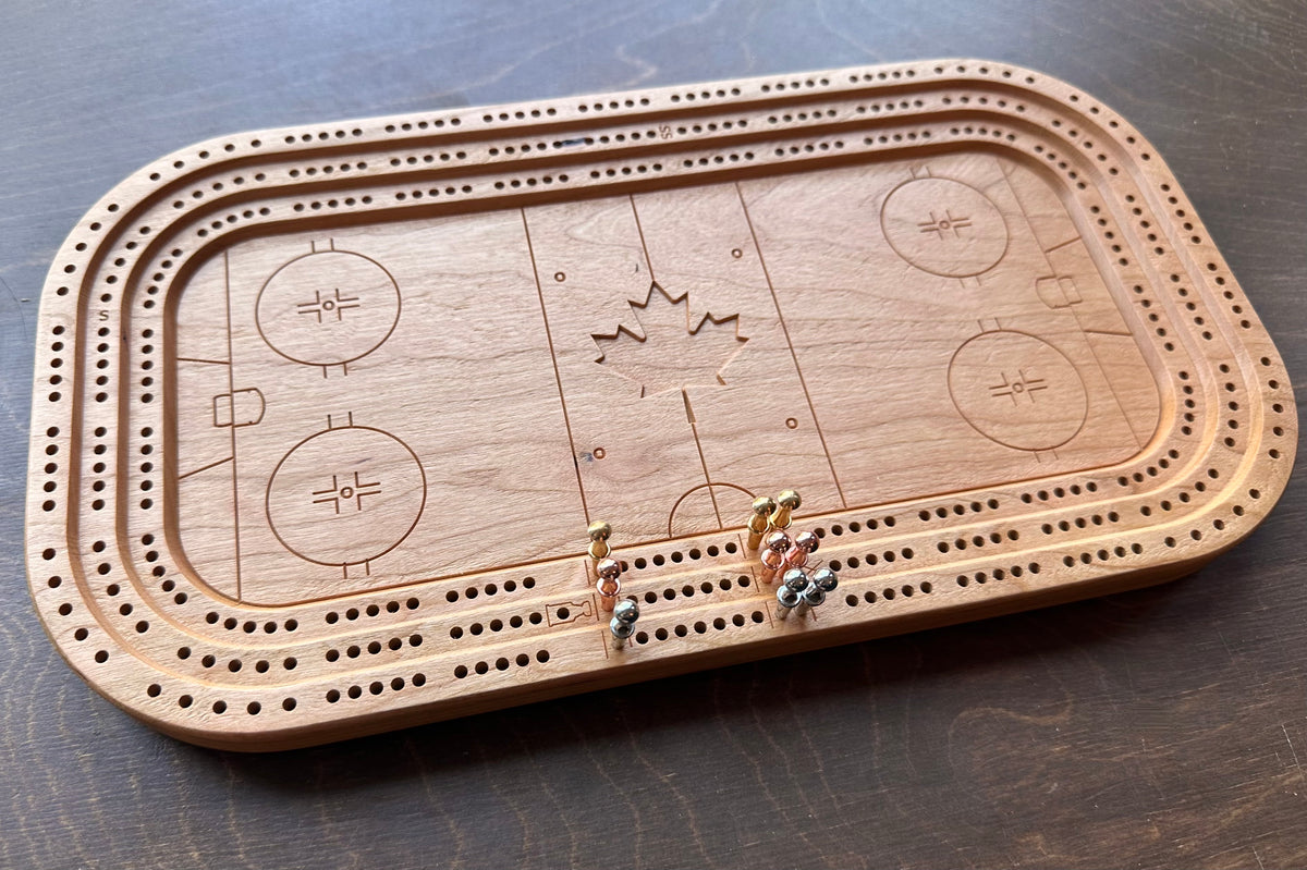 Hockey Rink Arena Cribbage Board | Metal Pegs | Peg Storage | Personalized | Custom Logo | Solid Hardwood | Maple Leaf | Sticks & Puck