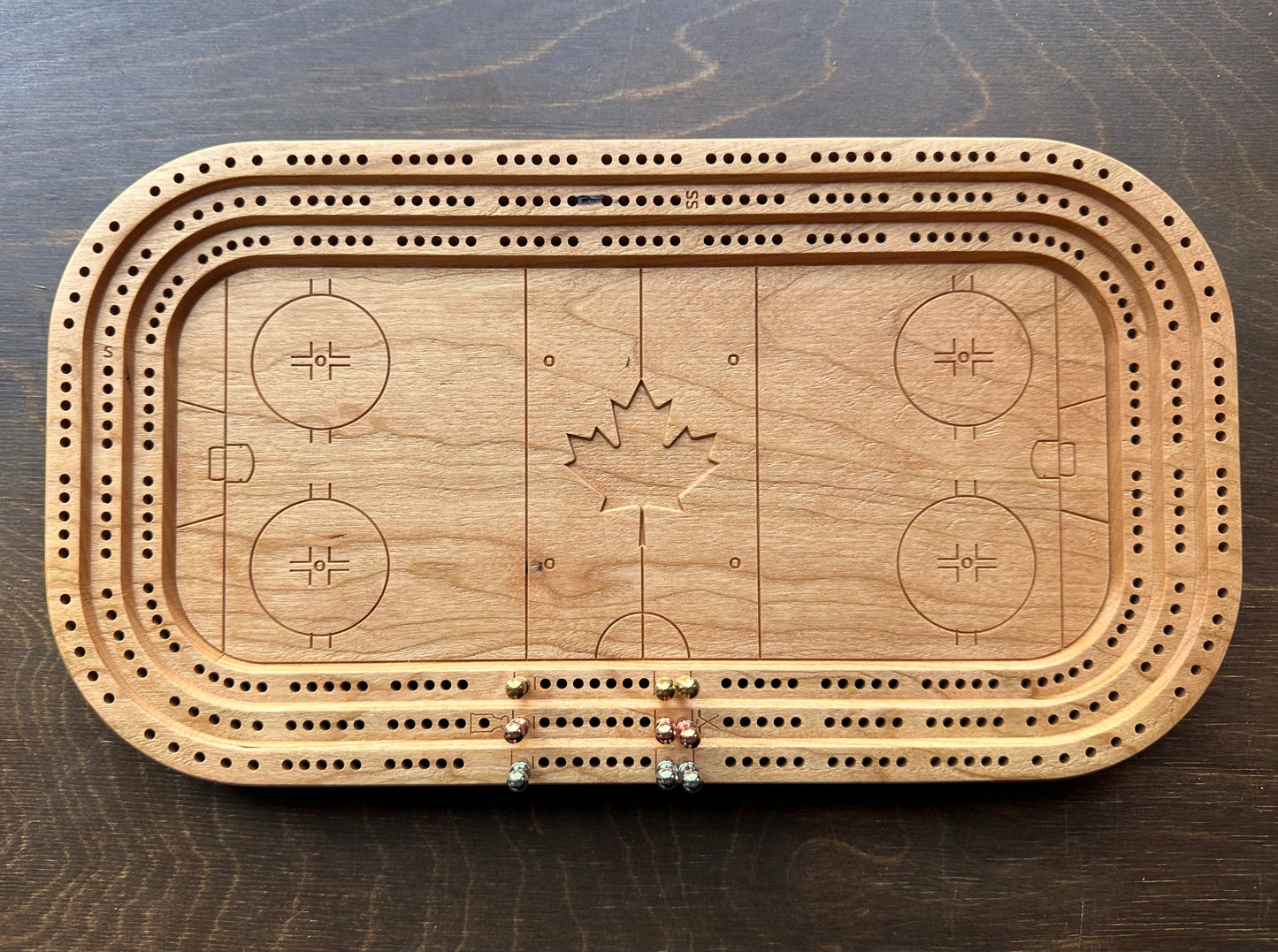 Hockey Rink Arena Cribbage Board | Metal Pegs | Peg Storage | Personalized | Custom Logo | Solid Hardwood | Maple Leaf | Sticks & Puck