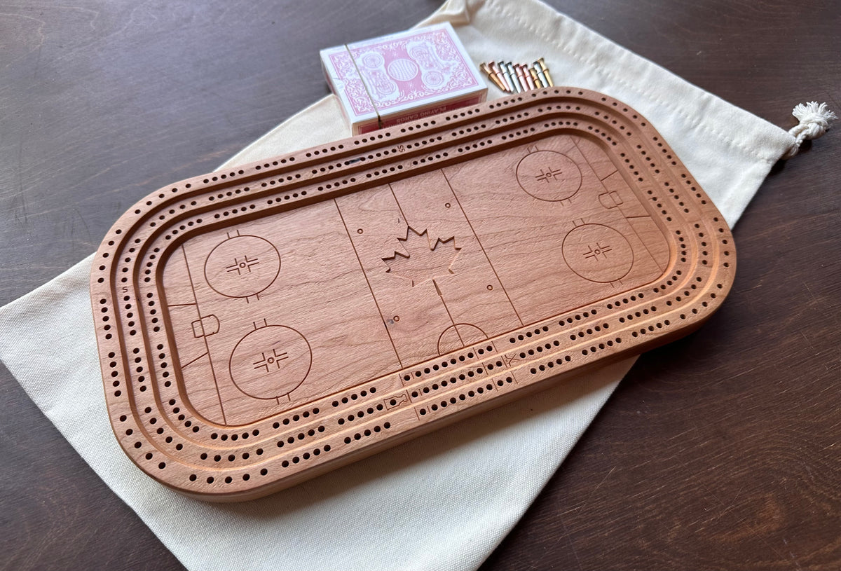 Hockey Rink Arena Cribbage Board | Metal Pegs | Peg Storage | Personalized | Custom Logo | Solid Hardwood | Maple Leaf | Sticks & Puck