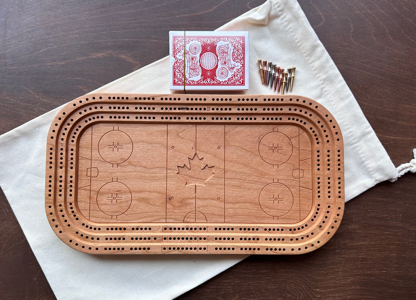Hockey Rink Arena Cribbage Board | Metal Pegs | Peg Storage | Personalized | Custom Logo | Solid Hardwood | Maple Leaf | Sticks & Puck