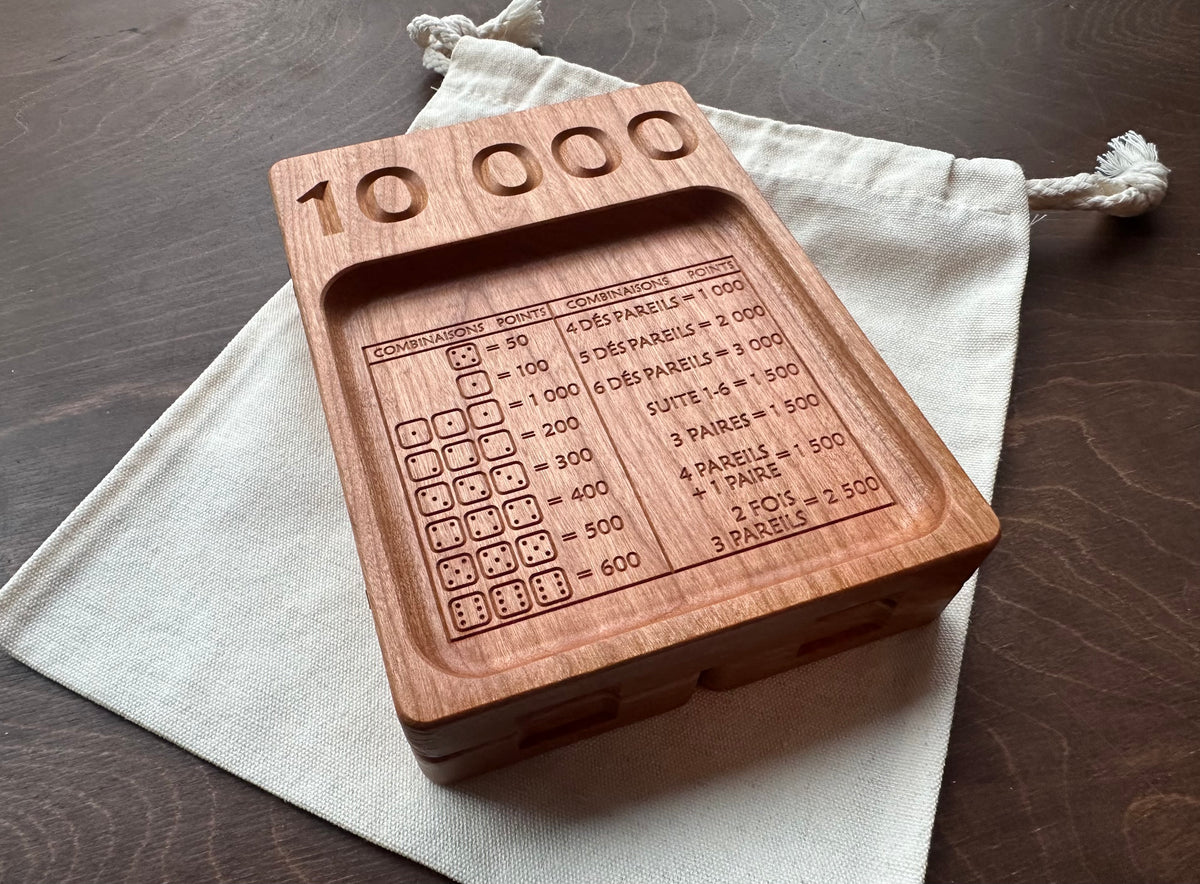 French Version Folding Farkle Board | 10,000 | Travel Size | Built-in Storage | Ten Thousands | Dice Game | Personalized | Solid Hardwood