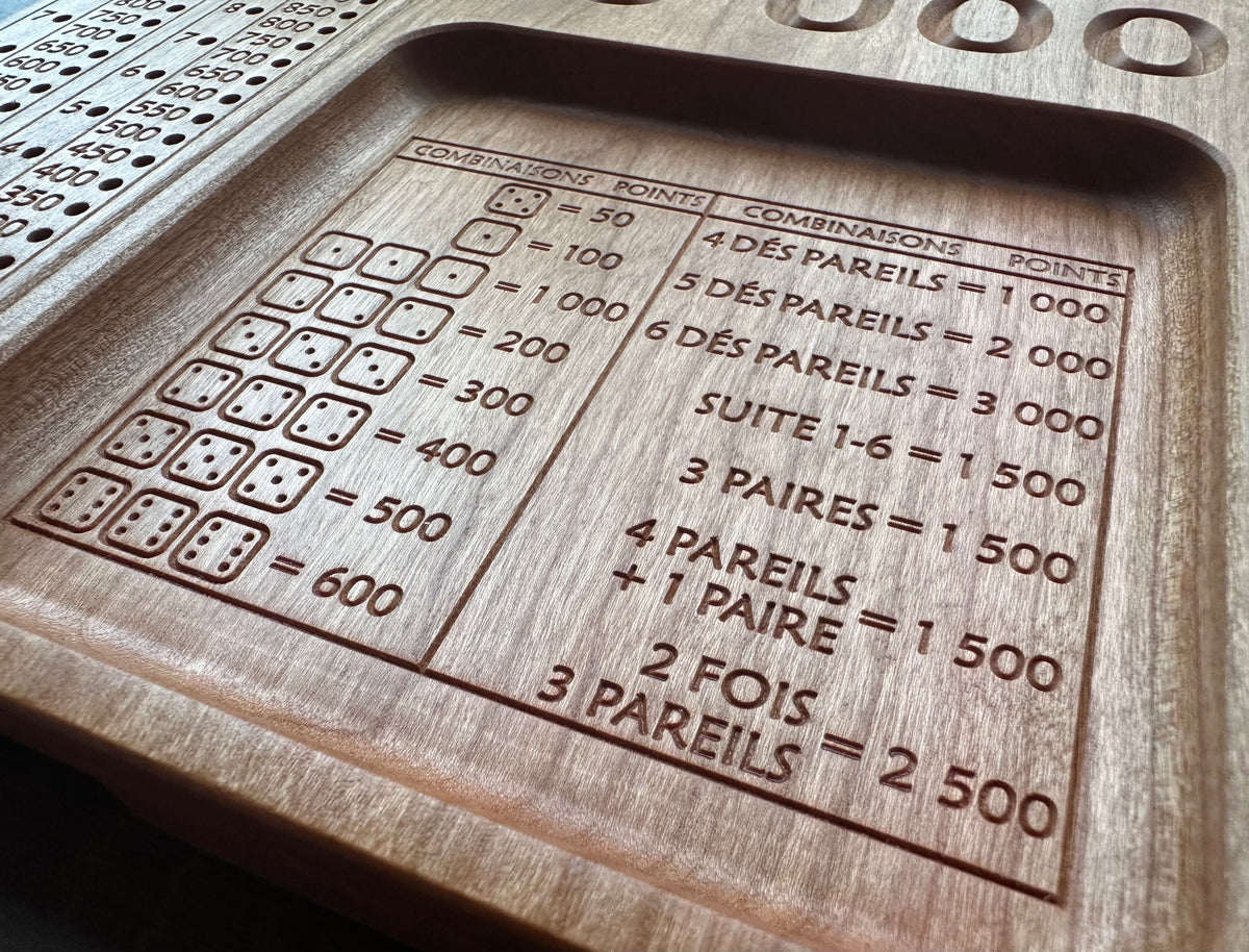 French Version Folding Farkle Board | 10,000 | Travel Size | Built-in Storage | Ten Thousands | Dice Game | Personalized | Solid Hardwood
