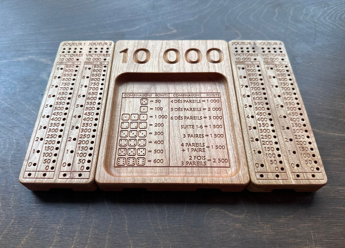French Version Folding Farkle Board | 10,000 | Travel Size | Built-in Storage | Ten Thousands | Dice Game | Personalized | Solid Hardwood