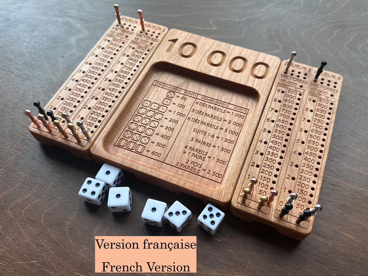 French Version Folding Farkle Board | 10,000 | Travel Size | Built-in Storage | Ten Thousands | Dice Game | Personalized | Solid Hardwood