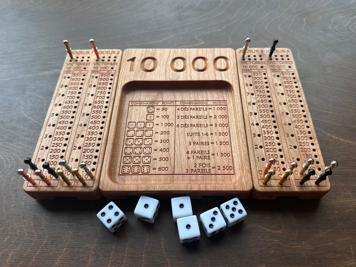 French Version Folding Farkle Board | 10,000 | Travel Size | Built-in Storage | Ten Thousands | Dice Game | Personalized | Solid Hardwood