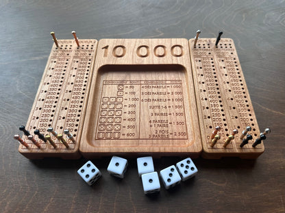 French Version Folding Farkle Board | 10,000 | Travel Size | Built-in Storage | Ten Thousands | Dice Game | Personalized | Solid Hardwood
