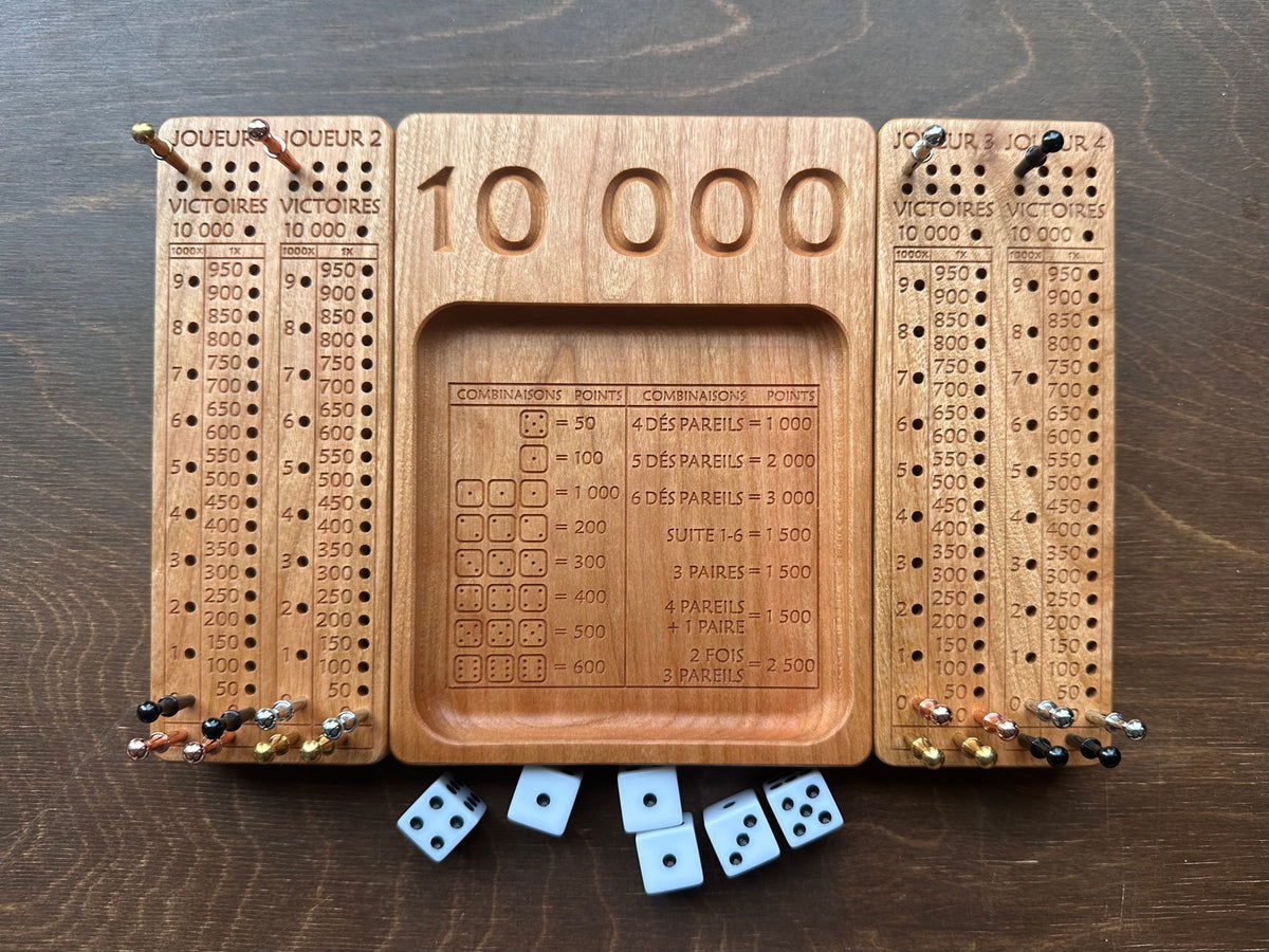 French Version Folding Farkle Board | 10,000 | Travel Size | Built-in Storage | Ten Thousands | Dice Game | Personalized | Solid Hardwood