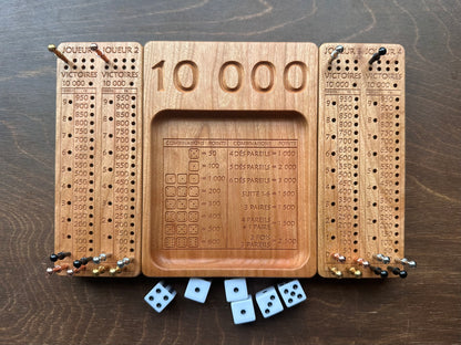 French Version Folding Farkle Board | 10,000 | Travel Size | Built-in Storage | Ten Thousands | Dice Game | Personalized | Solid Hardwood