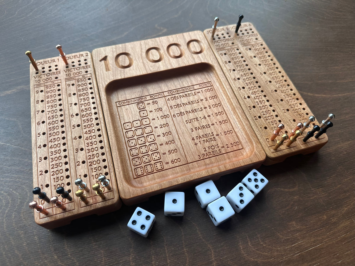 French Version Folding Farkle Board | 10,000 | Travel Size | Built-in Storage | Ten Thousands | Dice Game | Personalized | Solid Hardwood