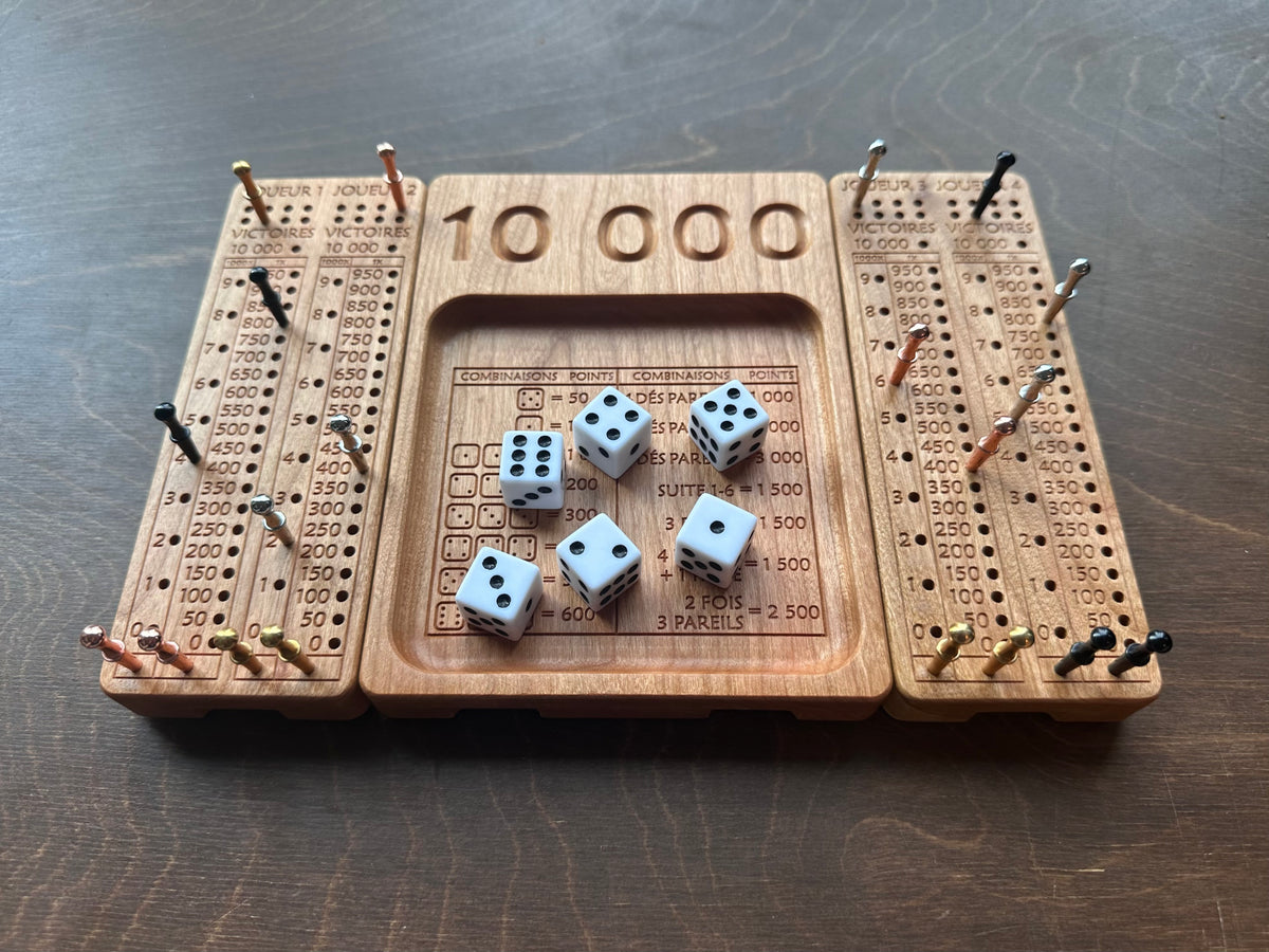 French Version Folding Farkle Board | 10,000 | Travel Size | Built-in Storage | Ten Thousands | Dice Game | Personalized | Solid Hardwood