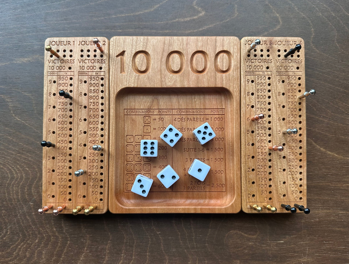 French Version Folding Farkle Board | 10,000 | Travel Size | Built-in Storage | Ten Thousands | Dice Game | Personalized | Solid Hardwood