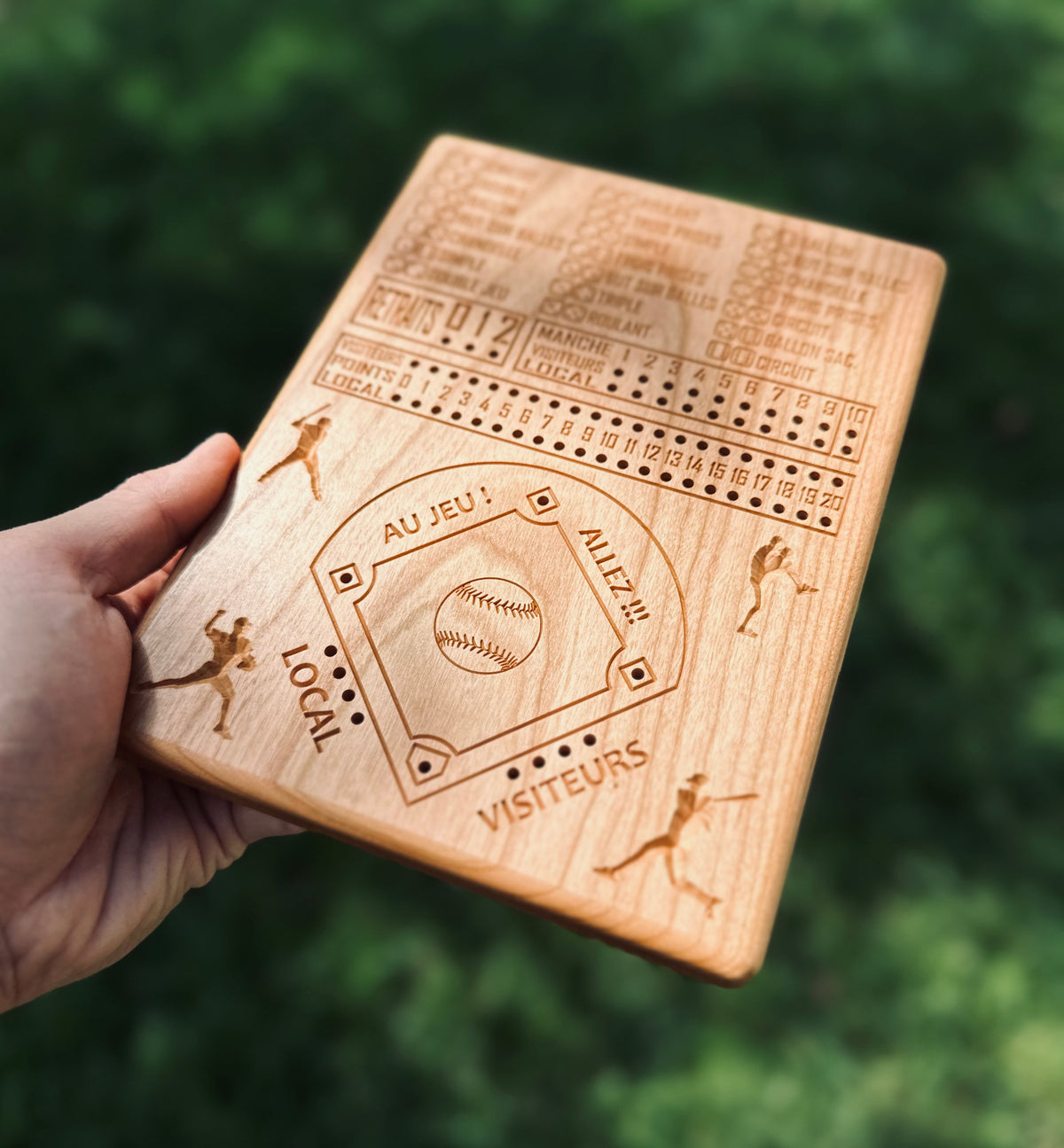Baseball avec dés en français | Dice Baseball in French | Travel Size | Built-in Storage | Dice Game | Metal Pegs | Personalized | Your Logo | Solid Hardwood