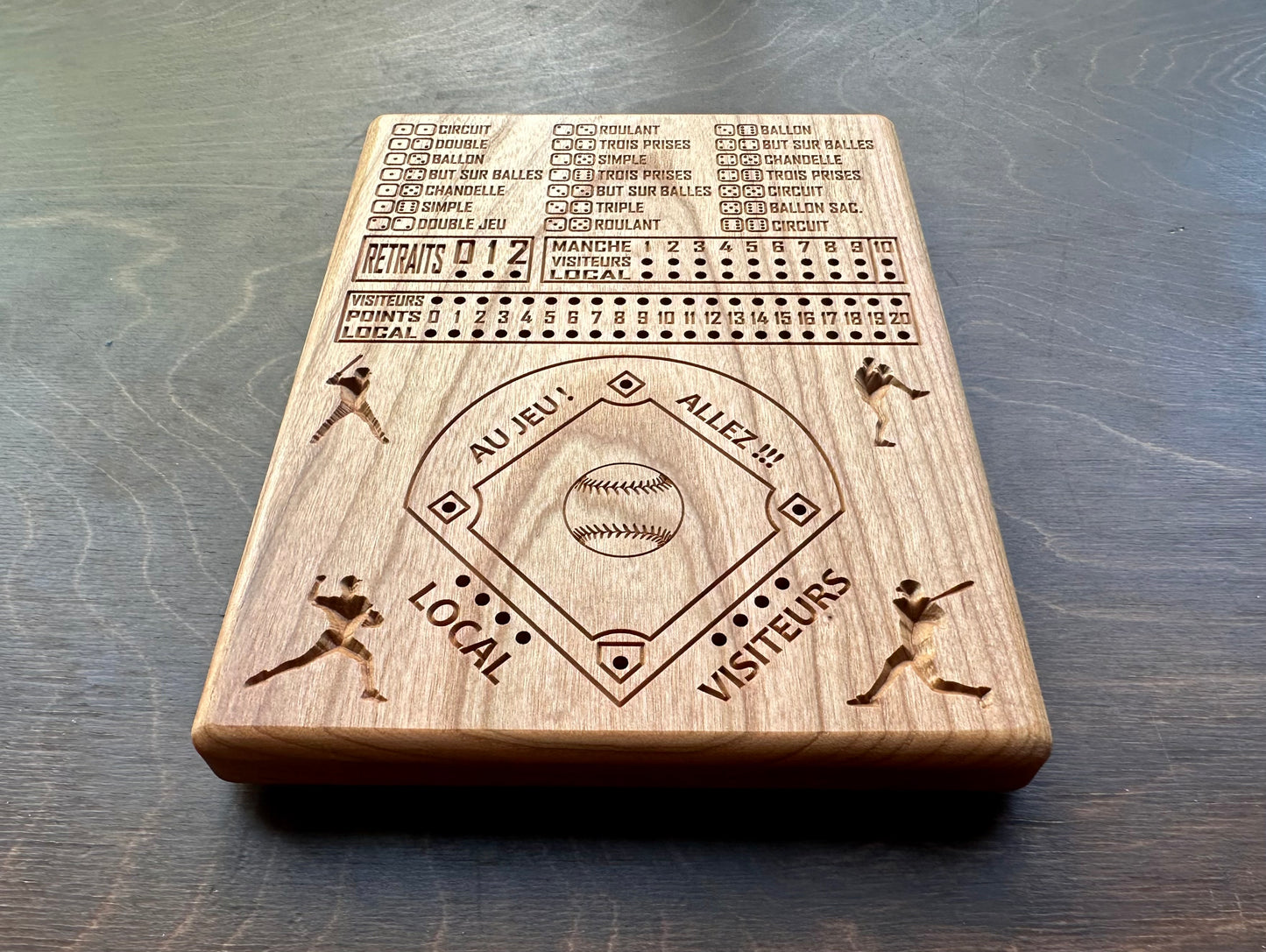 Baseball avec dés en français | Dice Baseball in French | Travel Size | Built-in Storage | Dice Game | Metal Pegs | Personalized | Your Logo | Solid Hardwood