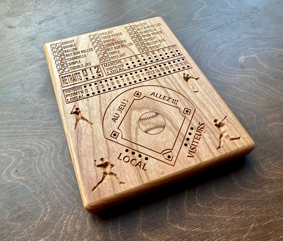 Baseball avec dés en français | Dice Baseball in French | Travel Size | Built-in Storage | Dice Game | Metal Pegs | Personalized | Your Logo | Solid Hardwood