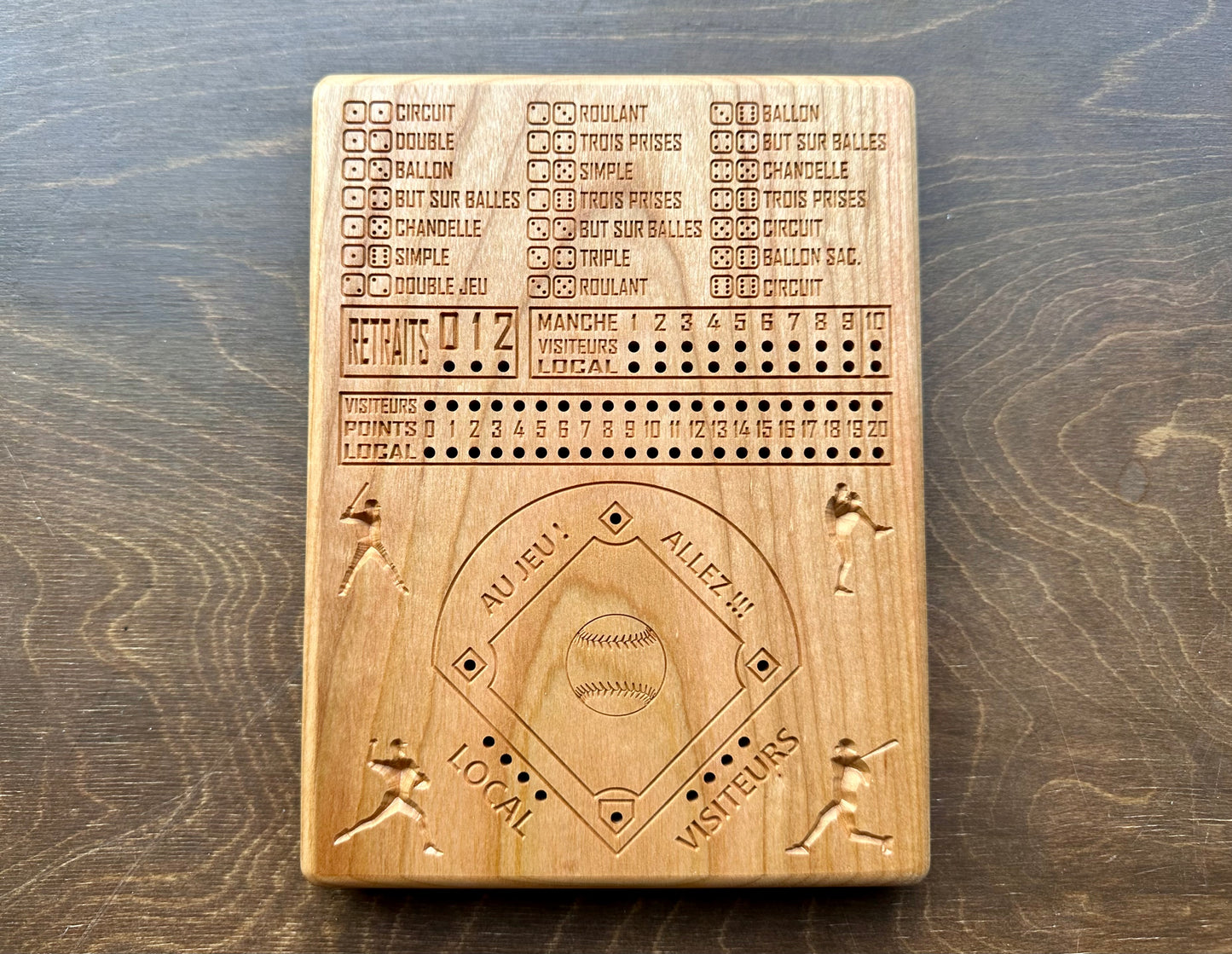 Baseball avec dés en français | Dice Baseball in French | Travel Size | Built-in Storage | Dice Game | Metal Pegs | Personalized | Your Logo | Solid Hardwood