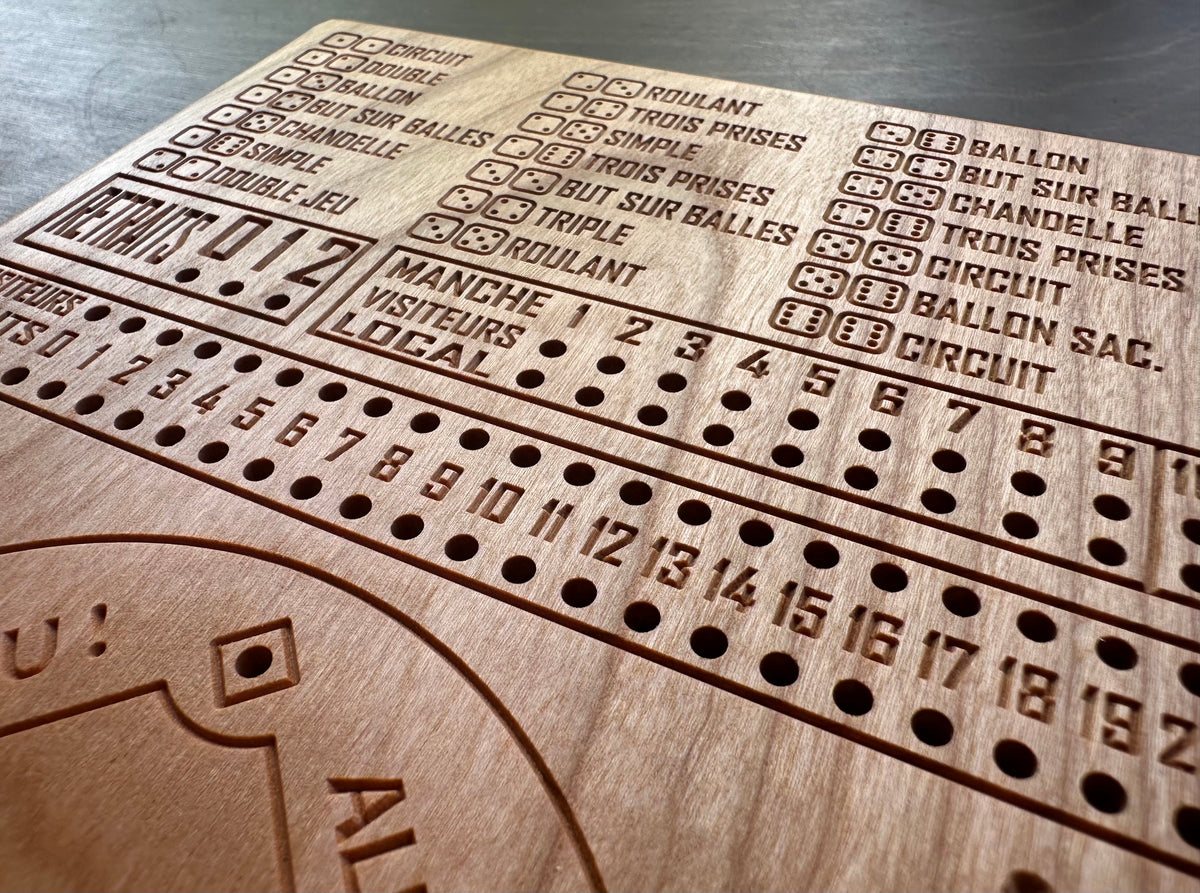 Baseball avec dés en français | Dice Baseball in French | Travel Size | Built-in Storage | Dice Game | Metal Pegs | Personalized | Your Logo | Solid Hardwood
