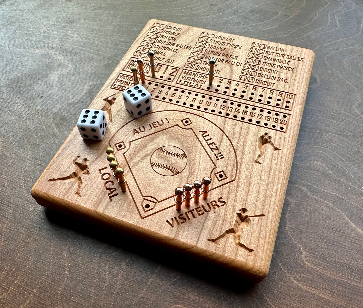 Baseball avec dés en français | Dice Baseball in French | Travel Size | Built-in Storage | Dice Game | Metal Pegs | Personalized | Your Logo | Solid Hardwood