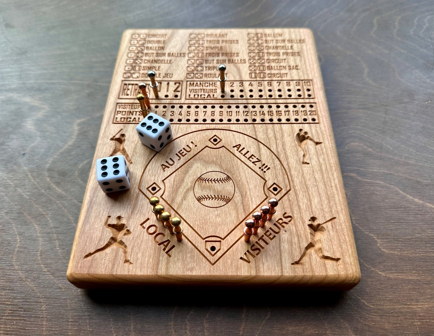 Baseball avec dés en français | Dice Baseball in French | Travel Size | Built-in Storage | Dice Game | Metal Pegs | Personalized | Your Logo | Solid Hardwood