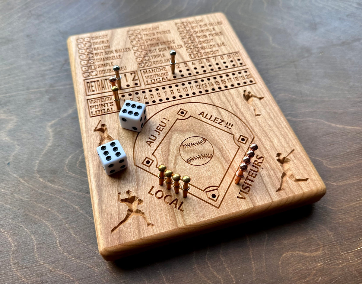 Baseball avec dés en français | Dice Baseball in French | Travel Size | Built-in Storage | Dice Game | Metal Pegs | Personalized | Your Logo | Solid Hardwood