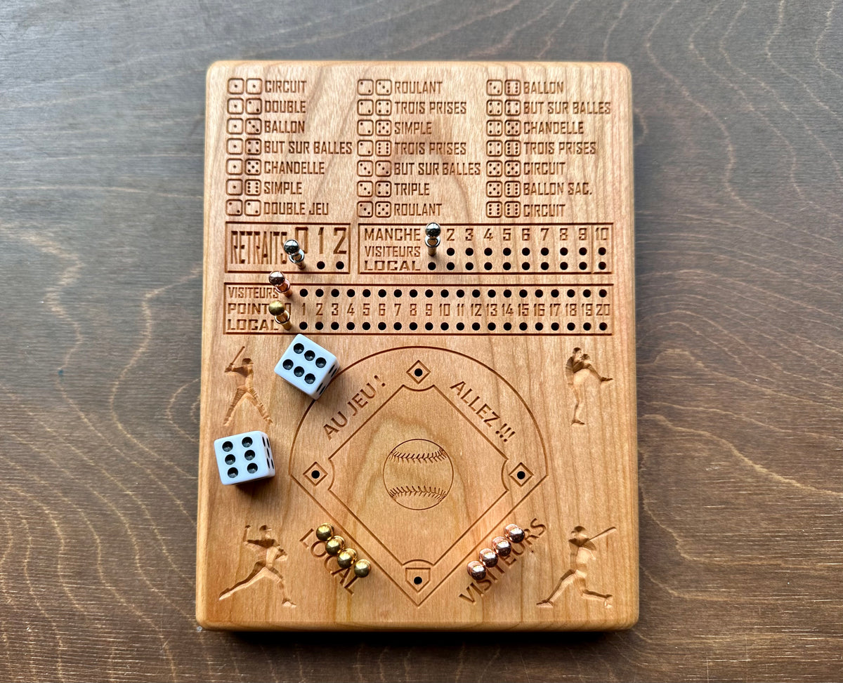 Baseball avec dés en français | Dice Baseball in French | Travel Size | Built-in Storage | Dice Game | Metal Pegs | Personalized | Your Logo | Solid Hardwood