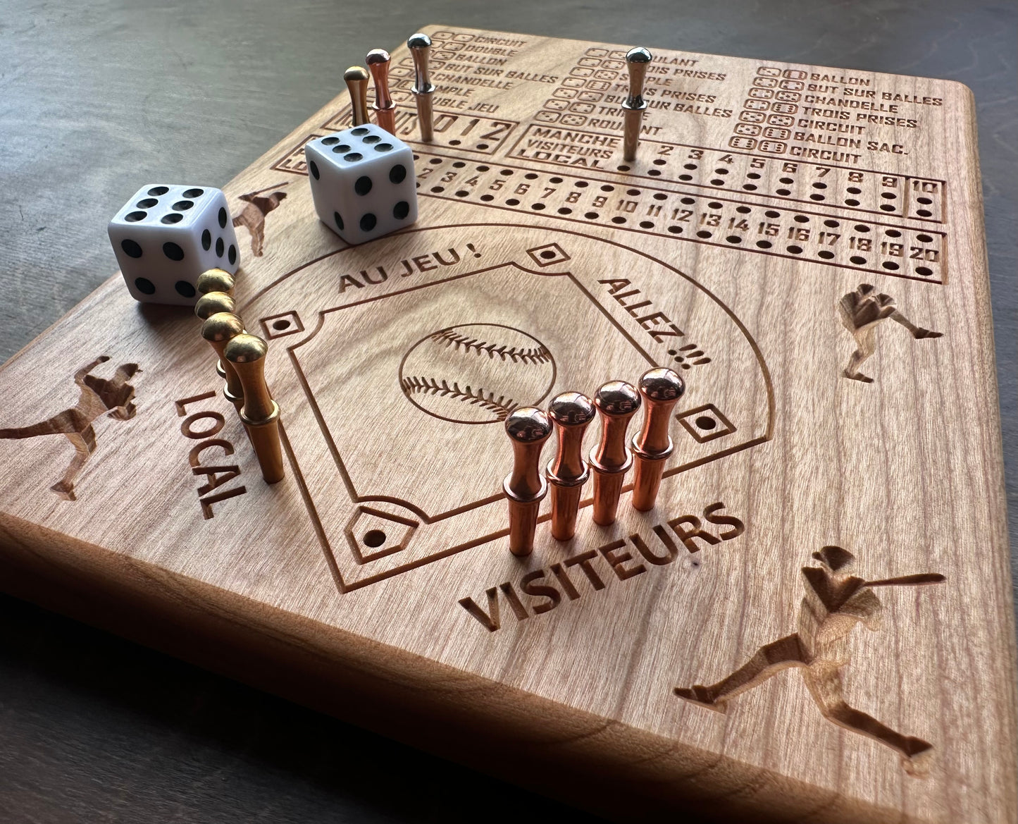 Baseball avec dés en français | Dice Baseball in French | Travel Size | Built-in Storage | Dice Game | Metal Pegs | Personalized | Your Logo | Solid Hardwood