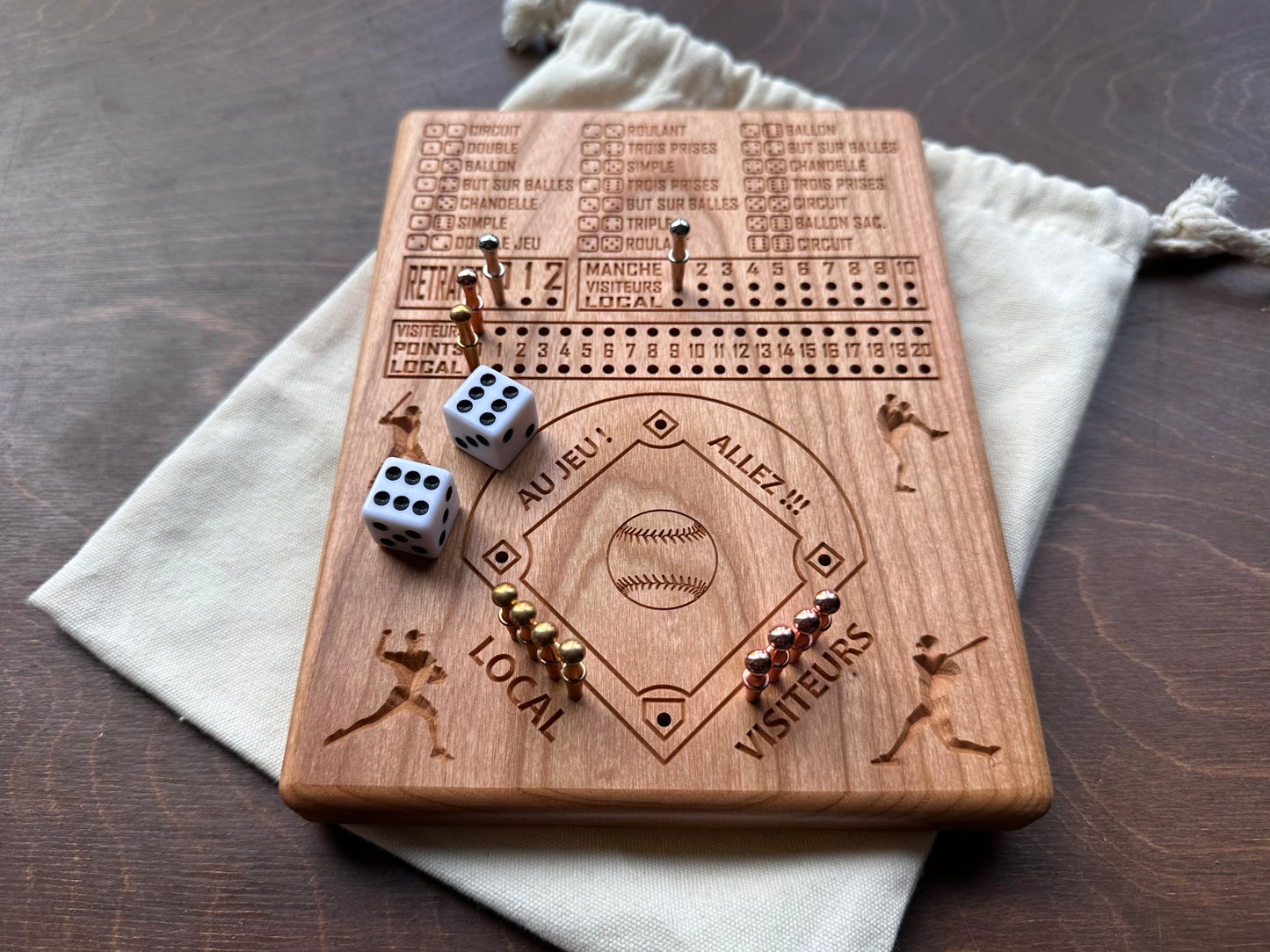 Baseball avec dés en français | Dice Baseball in French | Travel Size | Built-in Storage | Dice Game | Metal Pegs | Personalized | Your Logo | Solid Hardwood