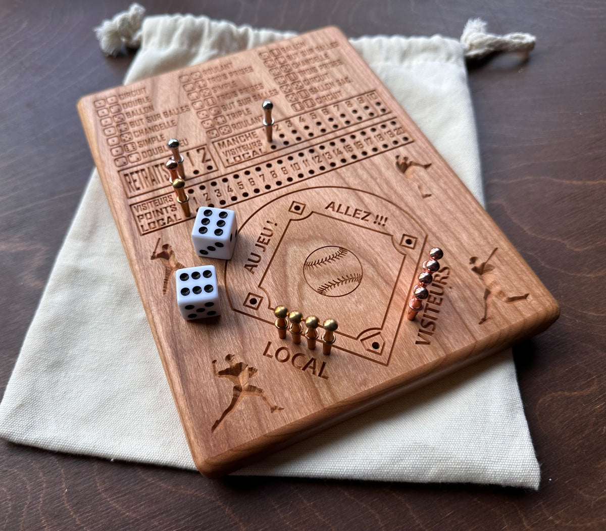 Baseball avec dés en français | Dice Baseball in French | Travel Size | Built-in Storage | Dice Game | Metal Pegs | Personalized | Your Logo | Solid Hardwood