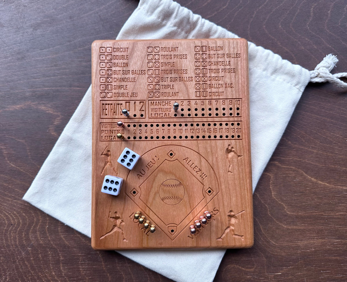 Baseball avec dés en français | Dice Baseball in French | Travel Size | Built-in Storage | Dice Game | Metal Pegs | Personalized | Your Logo | Solid Hardwood
