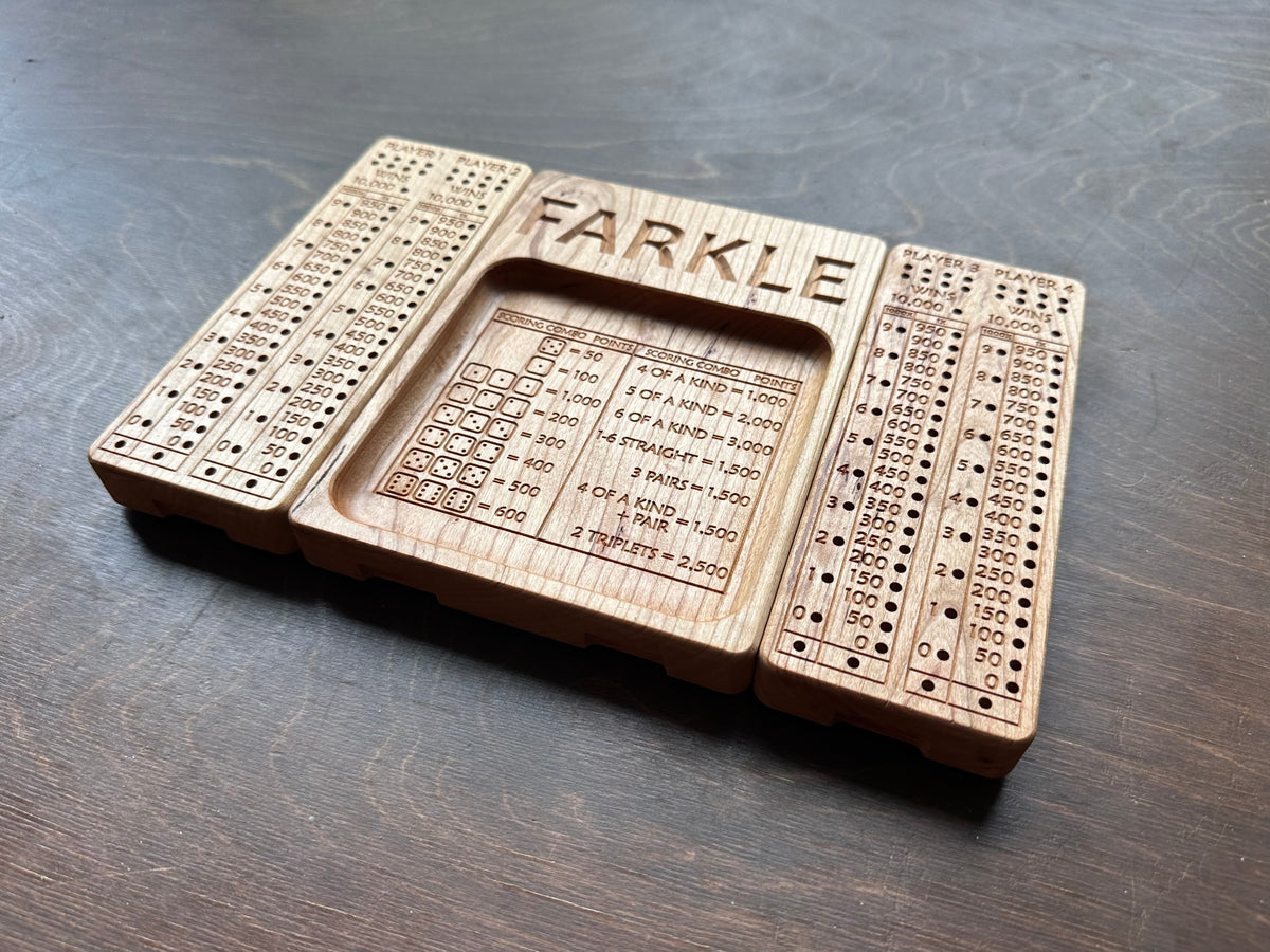 Folding Farkle Board | 10,000 | Travel Size | Built-in Storage | Ten Thousands | Dice | Board Game | Pegs | Personalized | Solid Hardwood