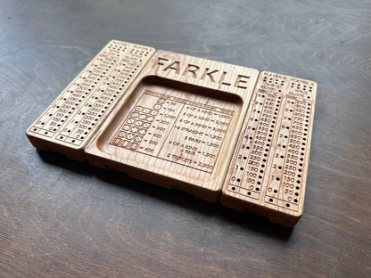 Folding Farkle Board | 10,000 | Travel Size | Built-in Storage | Ten Thousands | Dice | Board Game | Pegs | Personalized | Solid Hardwood