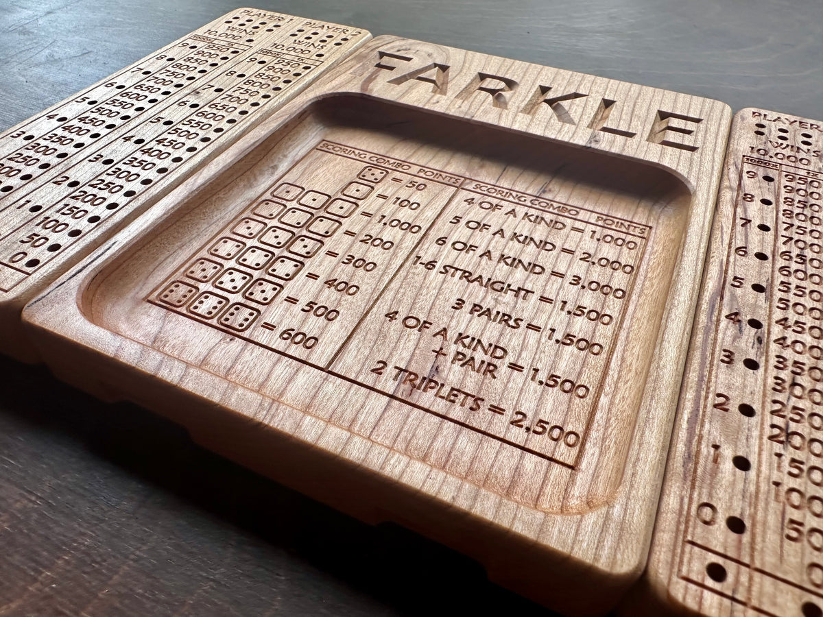 Folding Farkle Board | 10,000 | Travel Size | Built-in Storage | Ten Thousands | Dice | Board Game | Pegs | Personalized | Solid Hardwood