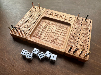 Folding Farkle Board | 10,000 | Travel Size | Built-in Storage | Ten Thousands | Dice | Board Game | Pegs | Personalized | Solid Hardwood