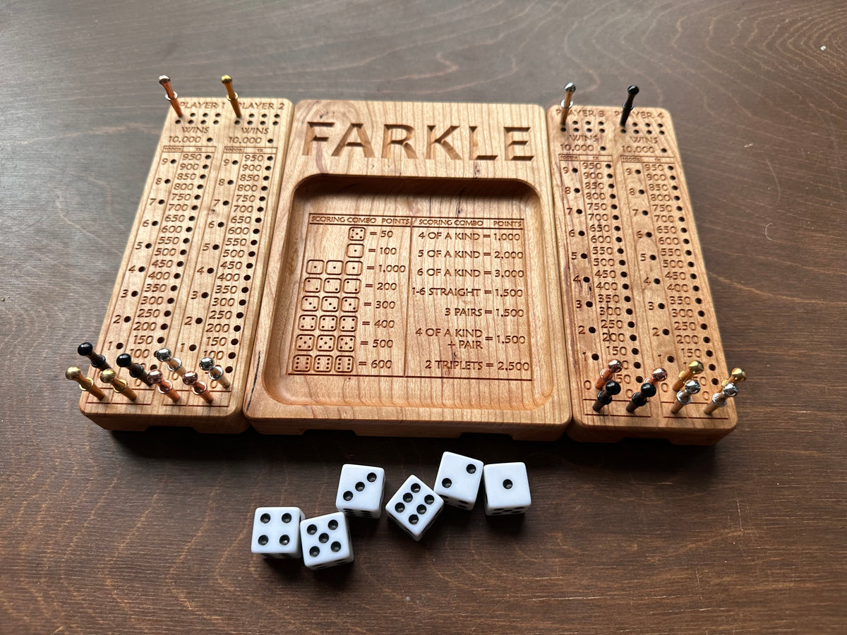 Folding Farkle Board | 10,000 | Travel Size | Built-in Storage | Ten Thousands | Dice | Board Game | Pegs | Personalized | Solid Hardwood
