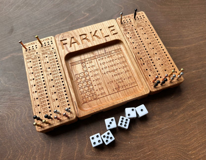 Folding Farkle Board | 10,000 | Travel Size | Built-in Storage | Ten Thousands | Dice | Board Game | Pegs | Personalized | Solid Hardwood