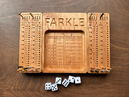 Folding Farkle Board | 10,000 | Travel Size | Built-in Storage | Ten Thousands | Dice | Board Game | Pegs | Personalized | Solid Hardwood