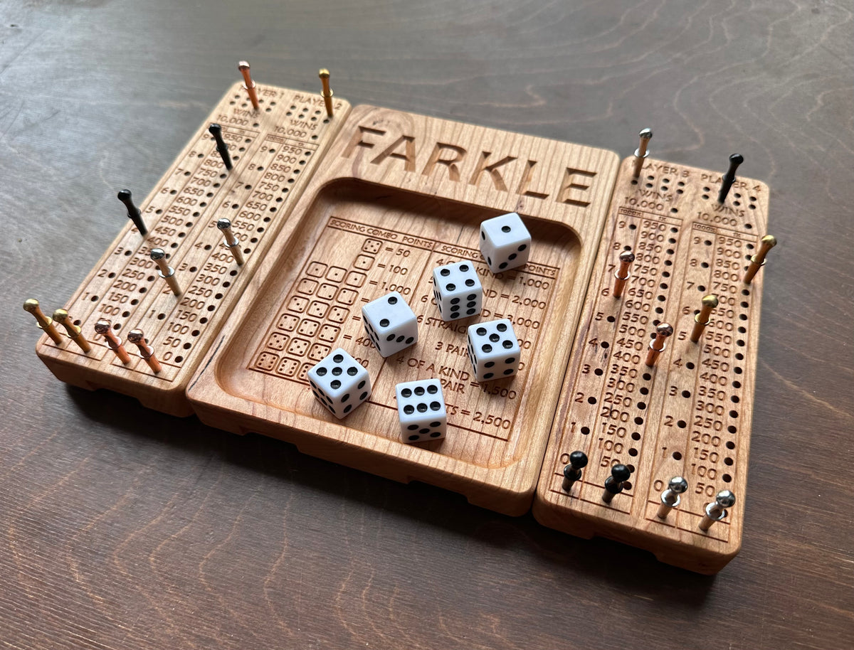 Folding Farkle Board | 10,000 | Travel Size | Built-in Storage | Ten Thousands | Dice | Board Game | Pegs | Personalized | Solid Hardwood