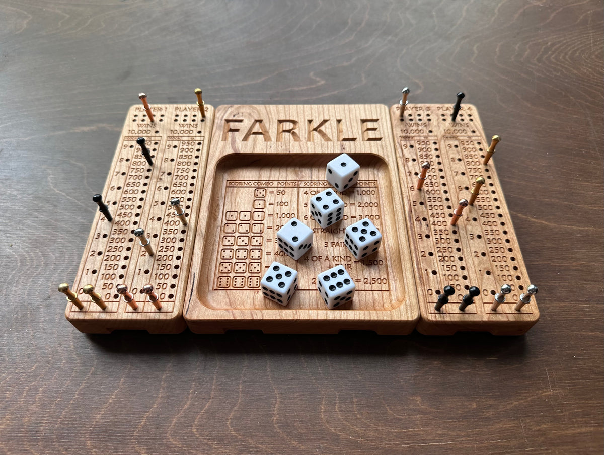 Folding Farkle Board | 10,000 | Travel Size | Built-in Storage | Ten Thousands | Dice | Board Game | Pegs | Personalized | Solid Hardwood