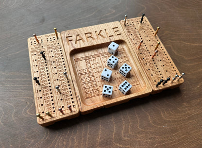 Folding Farkle Board | 10,000 | Travel Size | Built-in Storage | Ten Thousands | Dice | Board Game | Pegs | Personalized | Solid Hardwood