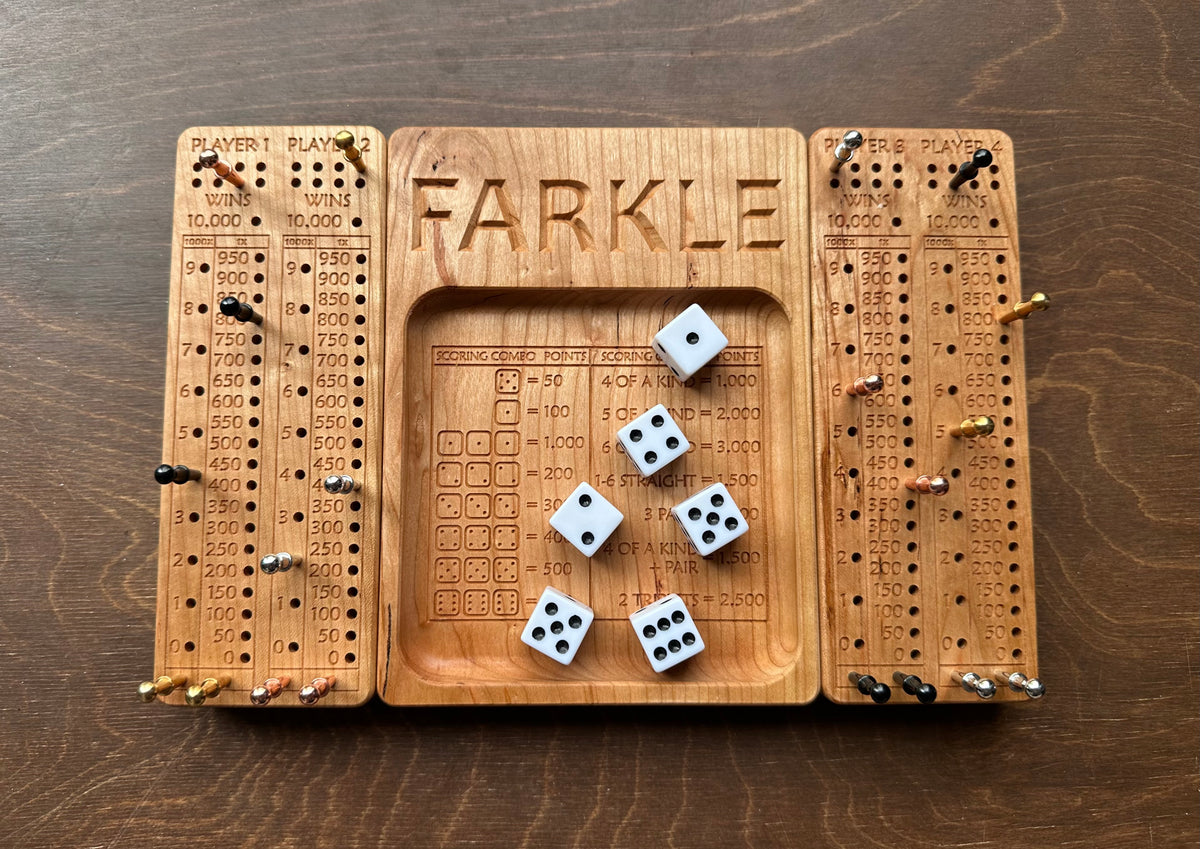 Folding Farkle Board | 10,000 | Travel Size | Built-in Storage | Ten Thousands | Dice | Board Game | Pegs | Personalized | Solid Hardwood