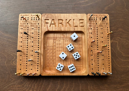 Folding Farkle Board | 10,000 | Travel Size | Built-in Storage | Ten Thousands | Dice | Board Game | Pegs | Personalized | Solid Hardwood