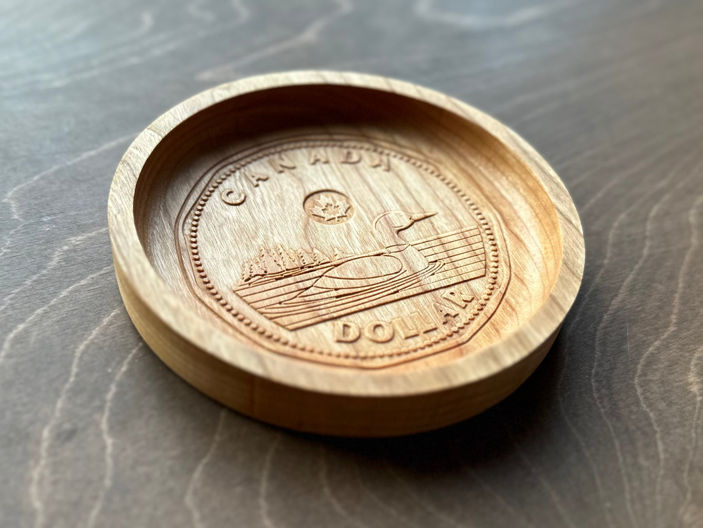 Wooden Canadian Loonie Coin Catchall Tray | Change | Gift | Souvenir | Keepsake | Money | Maple | Cherry | Walnut | One Dollar | Loon