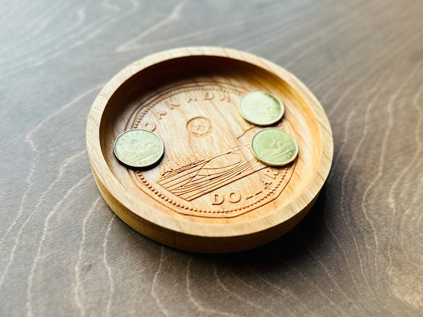 Wooden Canadian Loonie Coin Catchall Tray | Change | Gift | Souvenir | Keepsake | Money | Maple | Cherry | Walnut | One Dollar | Loon