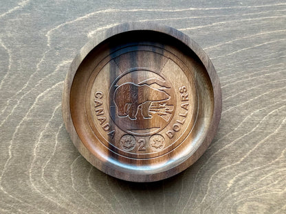 Wooden Canadian Coin Design Catchall Tray (Wholesale) | Loonie | Toonie | Maple | Cherry | Walnut |