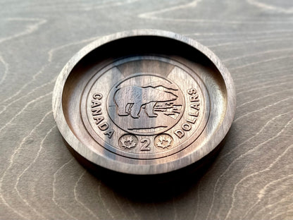 Wooden Canadian Coin Design Catchall Tray (Wholesale) | Loonie | Toonie | Maple | Cherry | Walnut |