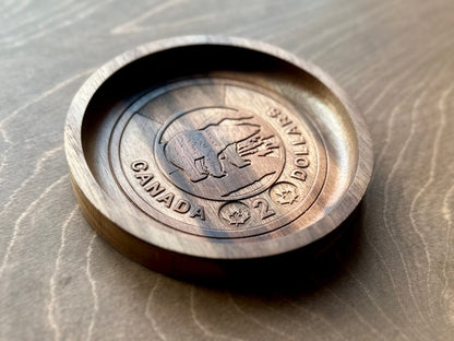 Wooden Canadian Coin Design Catchall Tray (Wholesale) | Loonie | Toonie | Maple | Cherry | Walnut |