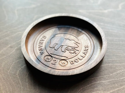 Wooden Canadian Coin Design Catchall Tray (Wholesale) | Loonie | Toonie | Maple | Cherry | Walnut |