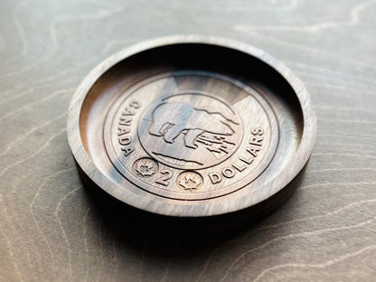 Wooden Canadian Coin Design Catchall Tray (Wholesale) | Loonie | Toonie | Maple | Cherry | Walnut |