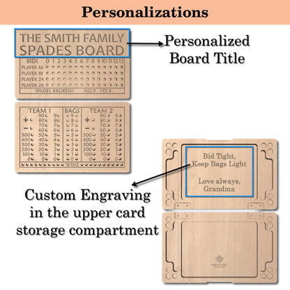 Folding Spades Score Board | Travel Size | Built-in Storage | Metal Pegs | Card Game | Personalized | Custom Engraving | Solid Cherry Wood