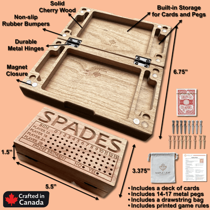 Folding Spades Score Board | Travel Size | Built-in Storage | Metal Pegs | Card Game | Personalized | Custom Engraving | Solid Cherry Wood